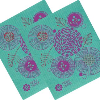 Floral Set of 2 - Red + Purple on Turquoise