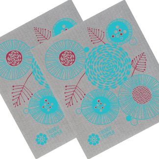 Floral Set of 2 - Red + Turquoise on Grey