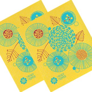 Floral Set of 2 - Red + Turquoise on Yellow