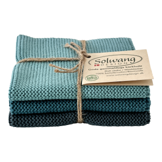 SOLWANG DESIGN Danish ORGANIC Cotton Dishcloth Trio - 3 Shades AZURE BLUE