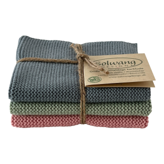 SOLWANG DESIGN Danish ORGANIC Cotton Dishcloth Trio - Rustic Blue/Green/Pink