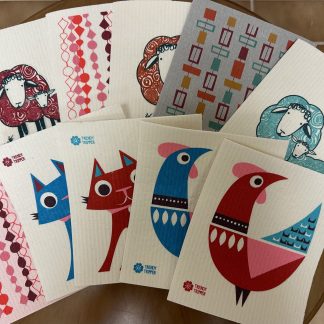 10-Pk MCM Retro Swedish Dishcloth Red/Turquoise Rooster/Cats/Sheep
