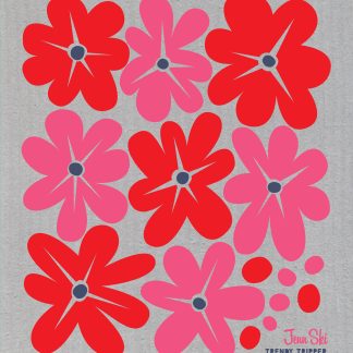 Swedish Blommor Flowers Red/Pink on Grey