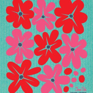 Swedish Blommor Flowers Red/Pink on Turquoise