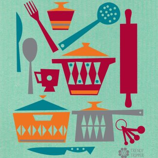 Scandinavian Kitchen MCM Red + Orange on Green