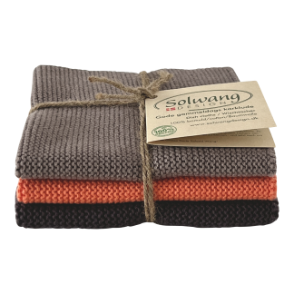 SOLWANG DESIGN Danish ORGANIC Cotton Dishcloth Trio - 3 Different Grey + Coral