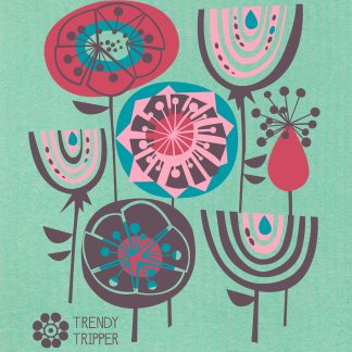 Abstract Floral Pop - Red + Turquoise on Green