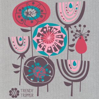 Abstract Floral Pop - Red + Turquoise on Grey