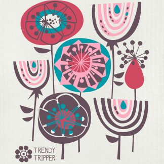 Abstract Floral Pop - Red + Turquoise on Natural
