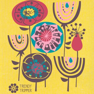 Abstract Floral Pop - Red + Turquoise on Yellow